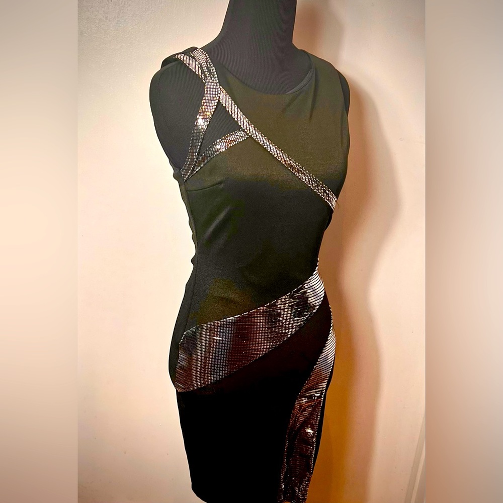Sexy Bebe Bodycon Cocktail Dress Stretch Tight Fit-Black & Silver-Never Used